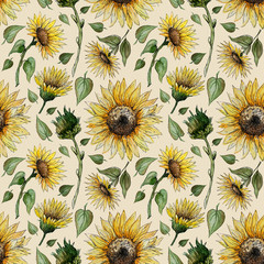 naadloze patroon van aquarel zonnebloemen toppen laat stengels op een beige achtergrond.