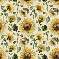Wallpaper murals Beige seamless pattern of watercolor sunflowers buds leaves stems on a beige background.
