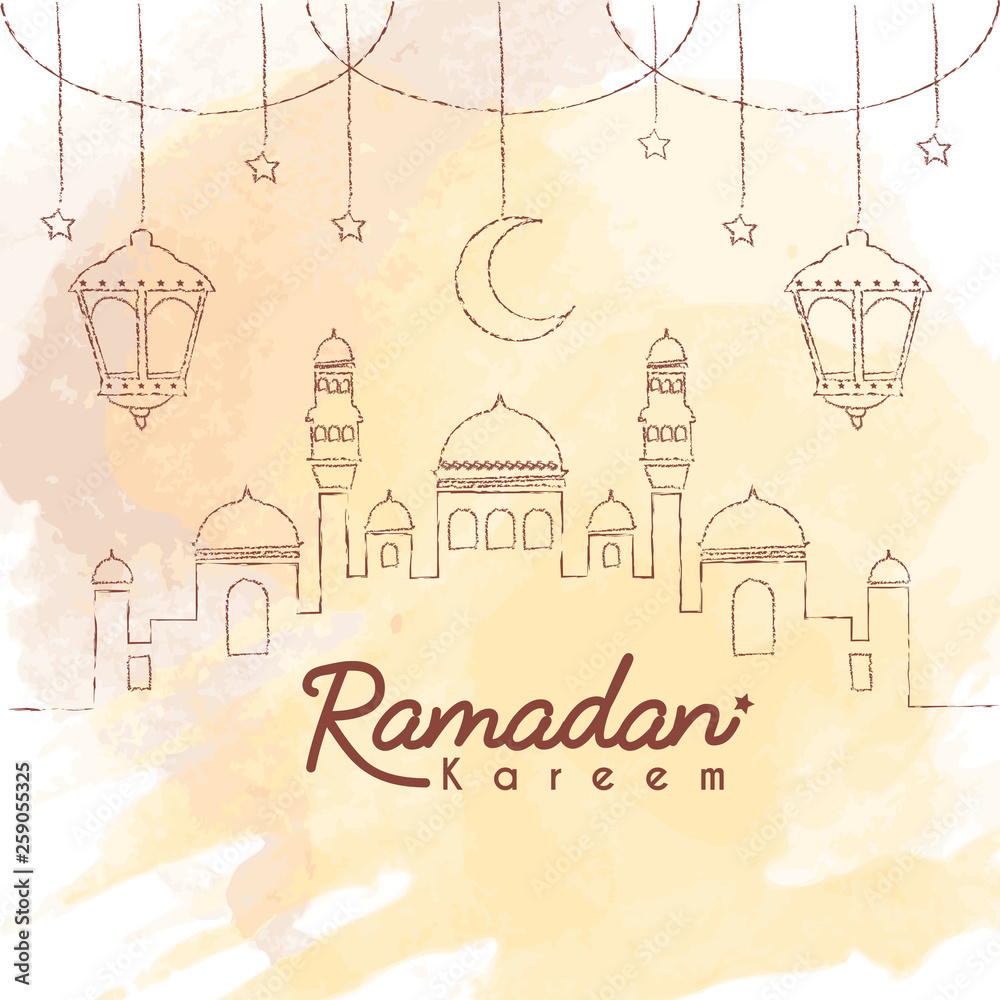 Wall mural ramadan kareem template. hand drawn mosque with crescent moon and lantern in lien art style on brown