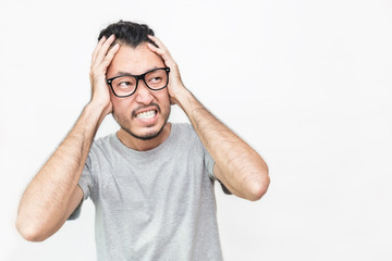 Portrait stressed sad asian nerd man with glasses. Burnout overtime overload workhard office...