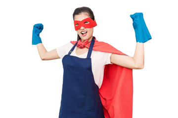 Portrait of young asian cleaning super hero housewife isolated on white background. Household...