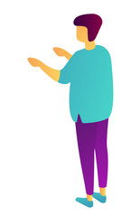 Businessman standing back view raising arms, tiny people isometric 3D illustration. Business presentation, manager, employee advertising, introduce concept. Isolated on white background.