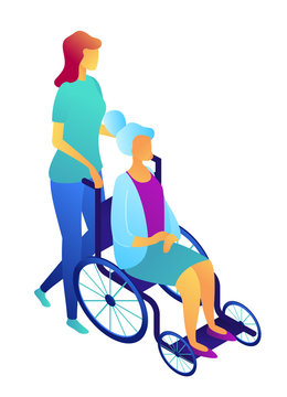 Nurse Pushing Wheelchair With Elderly Woman Patient, Tiny People Isometric 3D Illustration. Nursing Home And Healthcare, Elderly Care And Assisted Living Concept. Isolated On White Background.