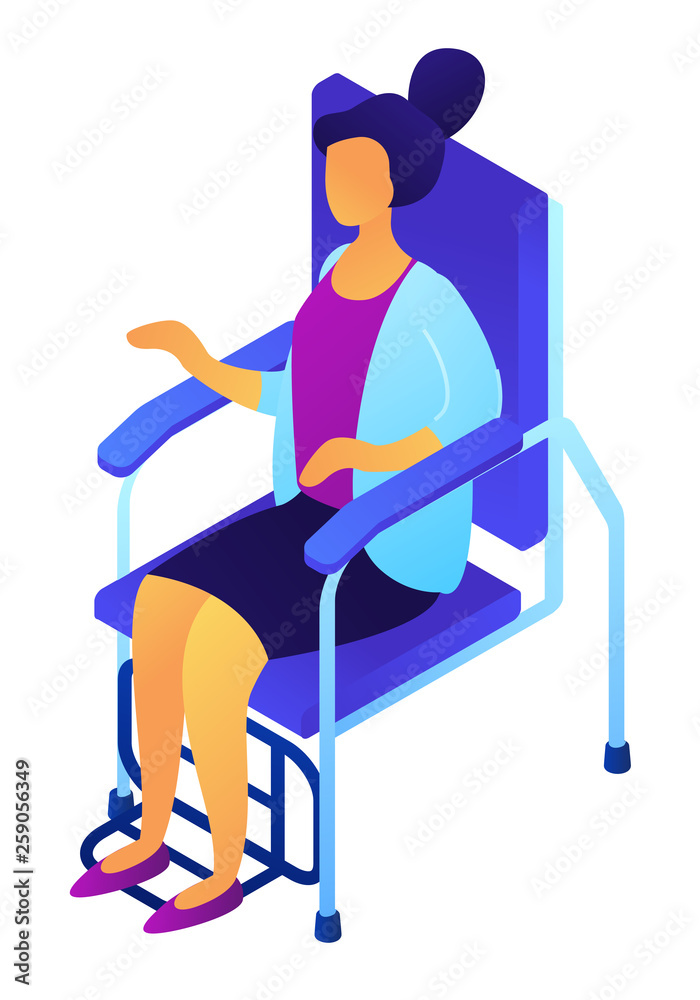 Sticker female patient sitting in dentist chair, tiny people isometric 3d illustration