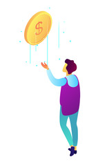 Businessman catching falling dollar coin, tiny people isometric 3D illustration. Income and savings, earnings and business success, profit and investment concept. Isolated on white background.