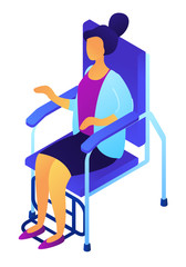 Fototapeta premium Female patient sitting in dentist chair, tiny people isometric 3D illustration