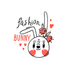 Fashion kawaii bunny. Vector illustration of a rabbit face with a barrettes flowers. Can be used for t-shirt print, kids wear design, baby shower card