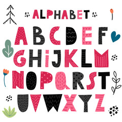 Cute scandinavian alphabet, handdrawn letters for ypur design. Design for  cards, posters, cards, t-shirts, book, textile.
