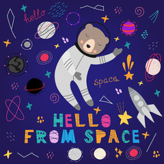 Cute bear in space vector print, spaceships, planets and stars. Hand drawn vector illustration. Design for  cards, posters, cards, t-shirts, book, textile.