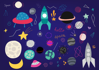 Space set, spaceships, planets and stars. Hand drawn vector illustration. Design for  cards, posters, cards, t-shirts, book, textile.