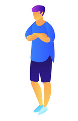 Confident businessman standing with folded arms at chest, tiny people isometric 3D illustration