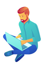Businessman sitting cross-legged and working at laptop, tiny people isometric 3D illustration. Internet user browsing, freelancer, blogger and developer concept. Isolated on white background.