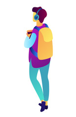Male teenager walking with backpack, headphones and holding coffee isometric 3D illustration