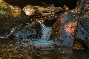 Fototapeta premium Dieses einzigartige Foto zeigt den wilden Dschungelwasserfall und die atemberaubende Natur, die auch als Palau Waterfall Hua Hin in Thailand bezeichnet wird