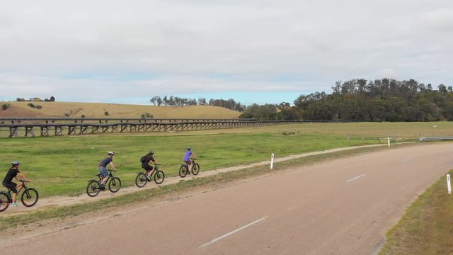 AERIAL, a group of cyclists advance in a row next to a green field for cattle