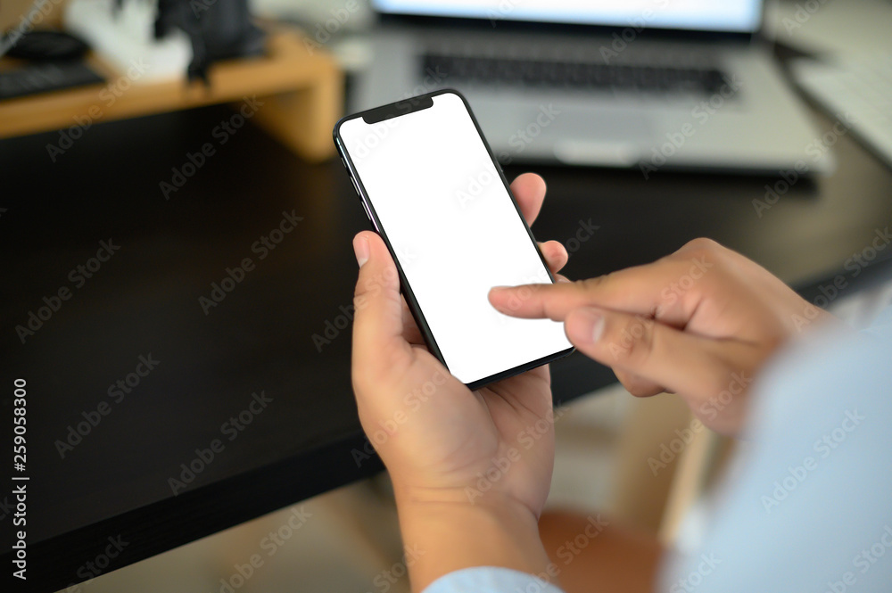Poster manhands using a smartphone text work digital and communication concept