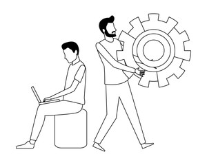 Coworkers teamwork cartoon in black and white