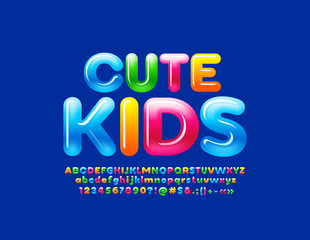 Vector bright emblem Cute Kids. Candy style Font. Gradient color Glossy Alphabet Letters, Numbers and Symbols. 