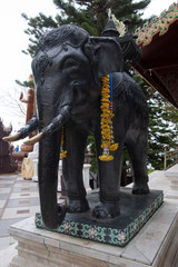 Chiang Mai Thailand, statue of black elephant with string of  marigold flowers at Wat Phra That Doi Suthep 