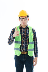Engineer man cross arm orange helmet and vest