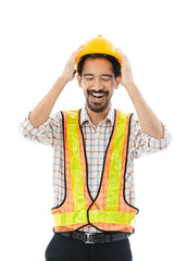 Engineer man cross arm orange helmet and vest