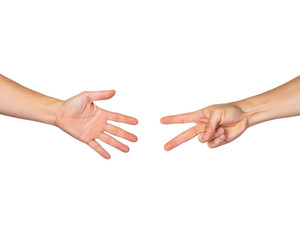 Male hands playing Rock Paper Scissors on white background