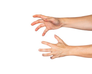 Two male hands reaching out to grab something, white background