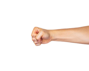 Male hand in fist punching straight out on white background