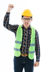 Engineer man cross arm orange helmet and vest