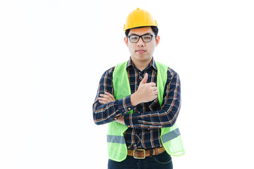 Engineer man cross arm orange helmet and vest