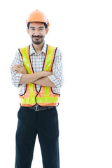 Engineer man cross arm orange helmet and vest