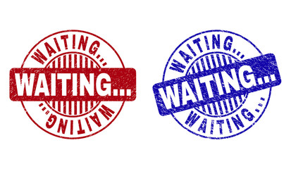 Grunge WAITING... round stamp seals isolated on a white background. Round seals with grunge texture in red and blue colors. Vector rubber watermark of WAITING... label inside circle form with stripes.