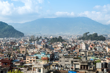 Fototapeta na wymiar The cityscape of Kathmandu the capital city of Nepal. The city located in the bowl-shaped Kathmandu Valley of central Nepal.