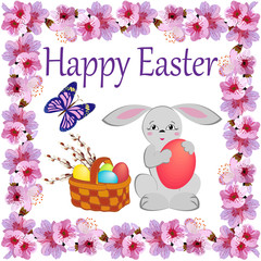 basket with painted eggs and sprigs of flowering willow in a square frame of flowers with the wish of happy Easter