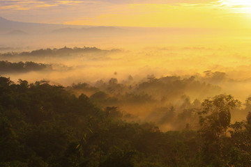 Borobudur Temple viewed from Punthuk Setumbu peak at morning