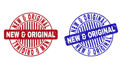 Grunge NEW & ORIGINAL round stamp seals isolated on a white background. Round seals with grunge texture in red and blue colors.