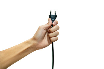 hand holding electric plug isolated from a white background. concept Save energy and reduce global...