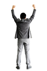 Successful business man raising hand isolated on white background, businessman success concept.