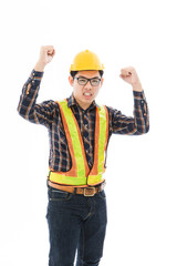 Engineer man cross arm orange helmet and vest