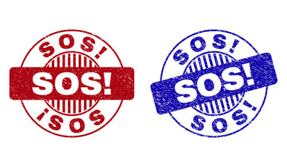 Grunge SOS! round stamp seals isolated on a white background. Round seals with grunge texture in red and blue colors. Vector rubber overlay of SOS! tag inside circle form with stripes.