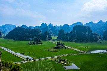 Aerial drone photo - Mountains and rice fields of northern vietnam