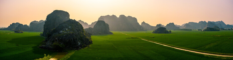 Aerial drone photo - Mountains and rice fields of North Vietnam at sunset.   © nick