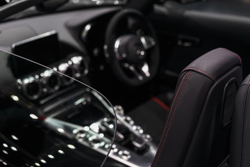 Selective focus of luxuary super car Interior Design for background. Supercar sport car background concept.