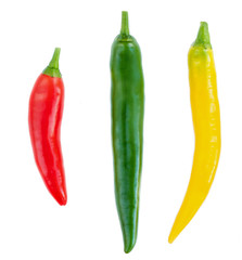 Collection of Chili peppers isolated on a white background. Top view. Food ingredient. Red, Yellow, Green pepper