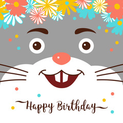 Cartoon bunny Happy Birthday greeting card. Cute rabbit with a wreath on his head, Trendy Birthday lettering, Flower background. Vector illustration