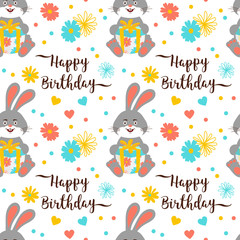 Happy Birthday pattern seamless, Trendy birthday lettering and cartoon bunny with gift. Cute rabbits and flowers. Happy hares wallpaper on white background. Vector pattern seamless