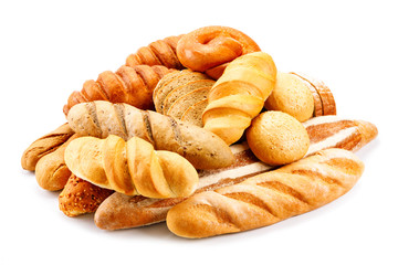 assorted breads isolated on a white background.