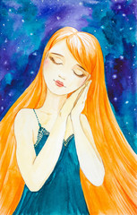 Caucasian girl with long red hair on the background of a beautiful starry sky. Sleeps standing with folded hands and putting them to his cheek.Watercolor illustration isolated on white background