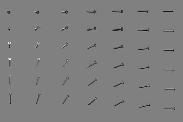 big amount of metallic external screws rotated by different angles isolated on grey - creative industrial 3D illustration, image for any using