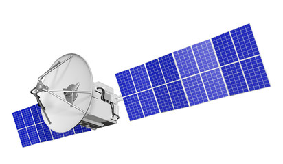 cosmic satellite industrial illustration - spaceship with big sun panels isolated on clear white background - 3D Illustration